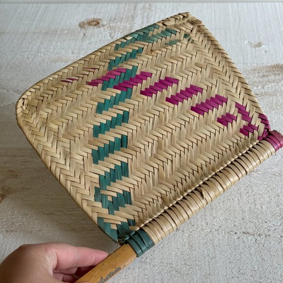 Vintage Colourful Tight Weave Hand Fan - Woven Purple, Blue and Tan Fan - Picture 5 of 6